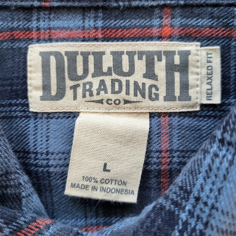 NWT Duluth Trading Co Mens Free Swingin Flannel Blue Orange Plaid L 52007 IKD